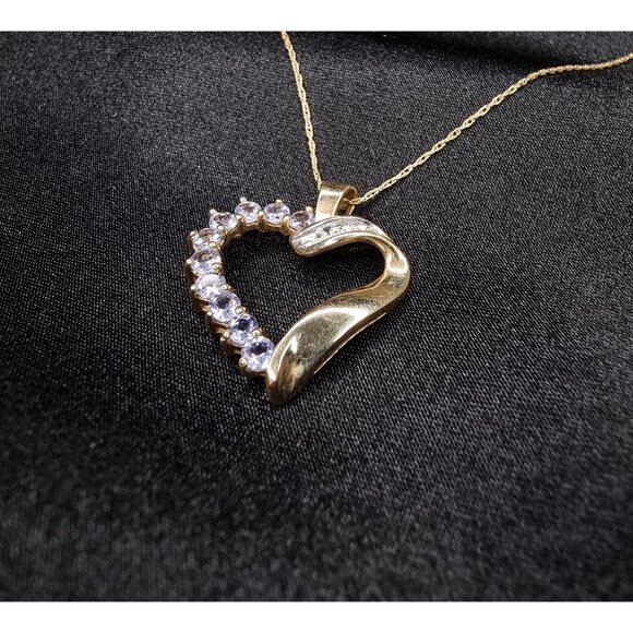 Vintage Early 2000s 10K Gold Tanzanite & Diamond Heart Pendant Necklace - Picture 4 of 6